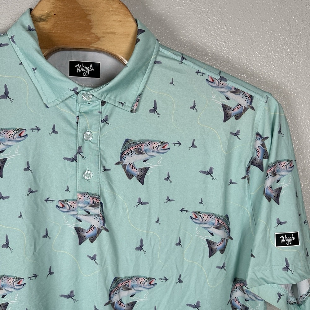 Waggle Mens 2XL Golf Polo Short Sleeve Shirt Fish Print Athletic Tennis Turquois